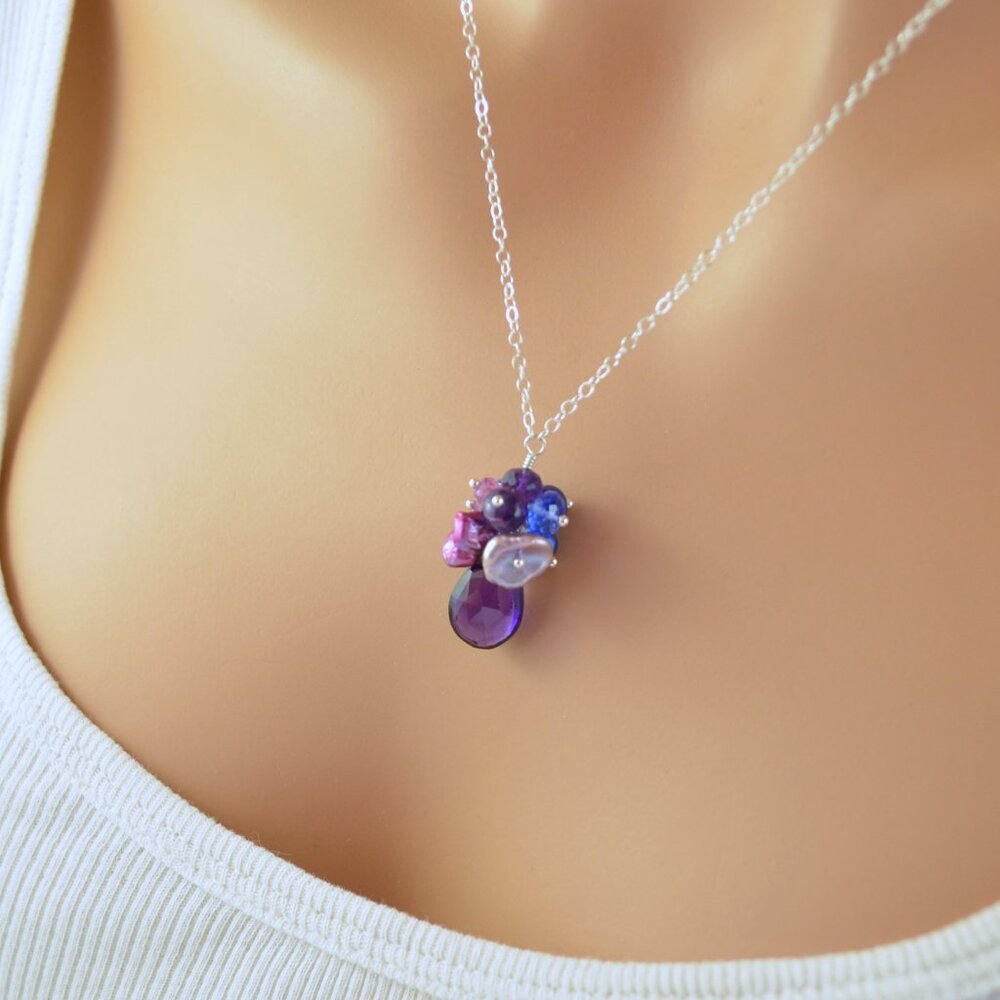 Amethyst Necklace with Pink Quartz and Pearls in Silver